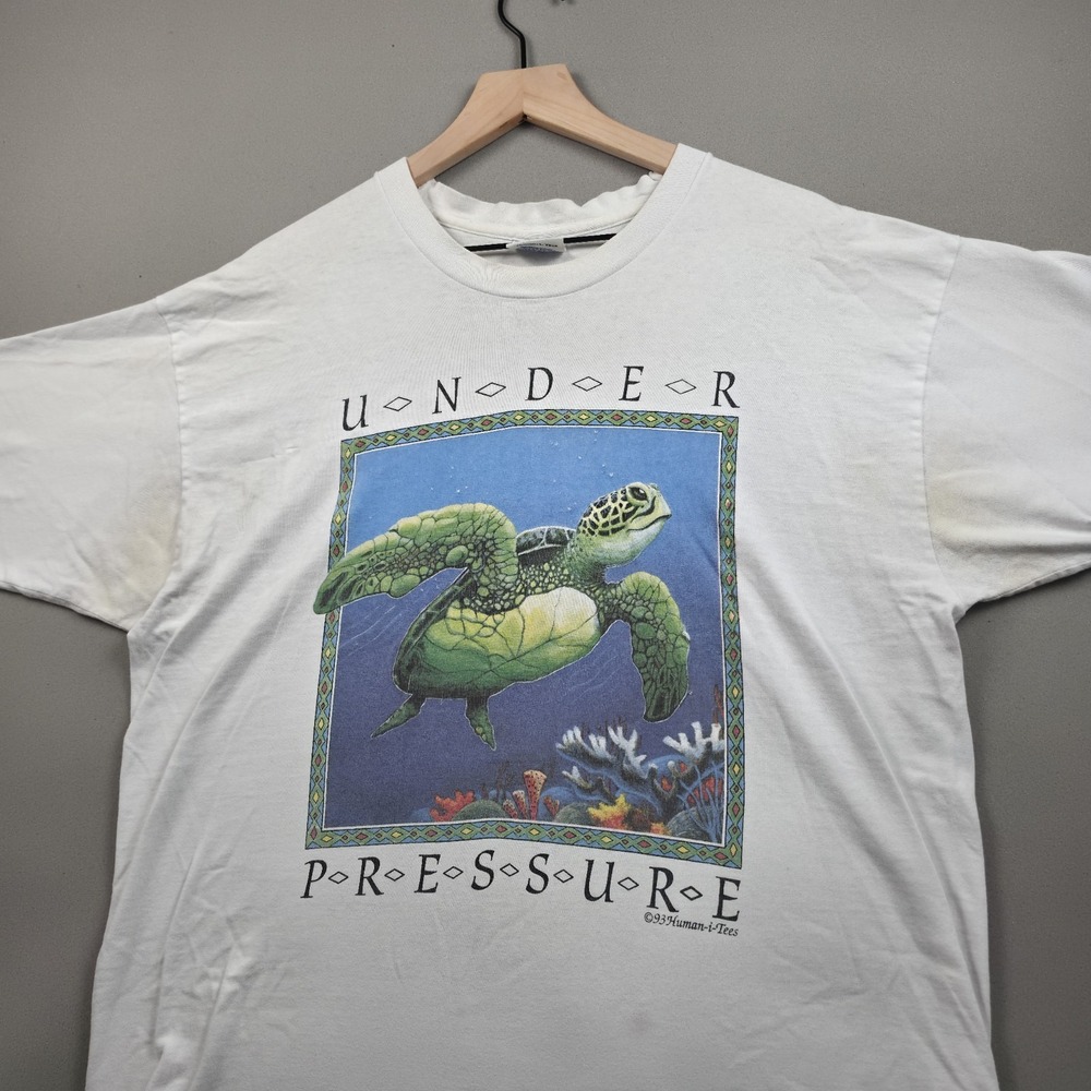 Vintage 1993 Under Pressure Sea Turtle T-Shirt XL White Human-i-Tees USA 90s Tee